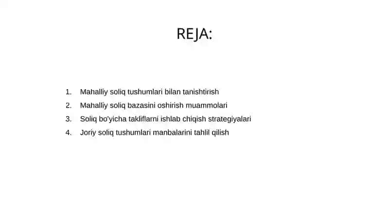 Mahalliy soliq tushumlarini bazasini oshirish to'g'risida takliflar ishlab chiqish 2