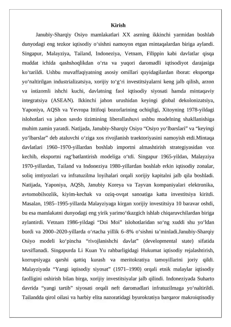 Janubiy sharqiy Osiyo mamlakatlarining XX-XXI asrda iqtisodiy rivojlanish modeli 2