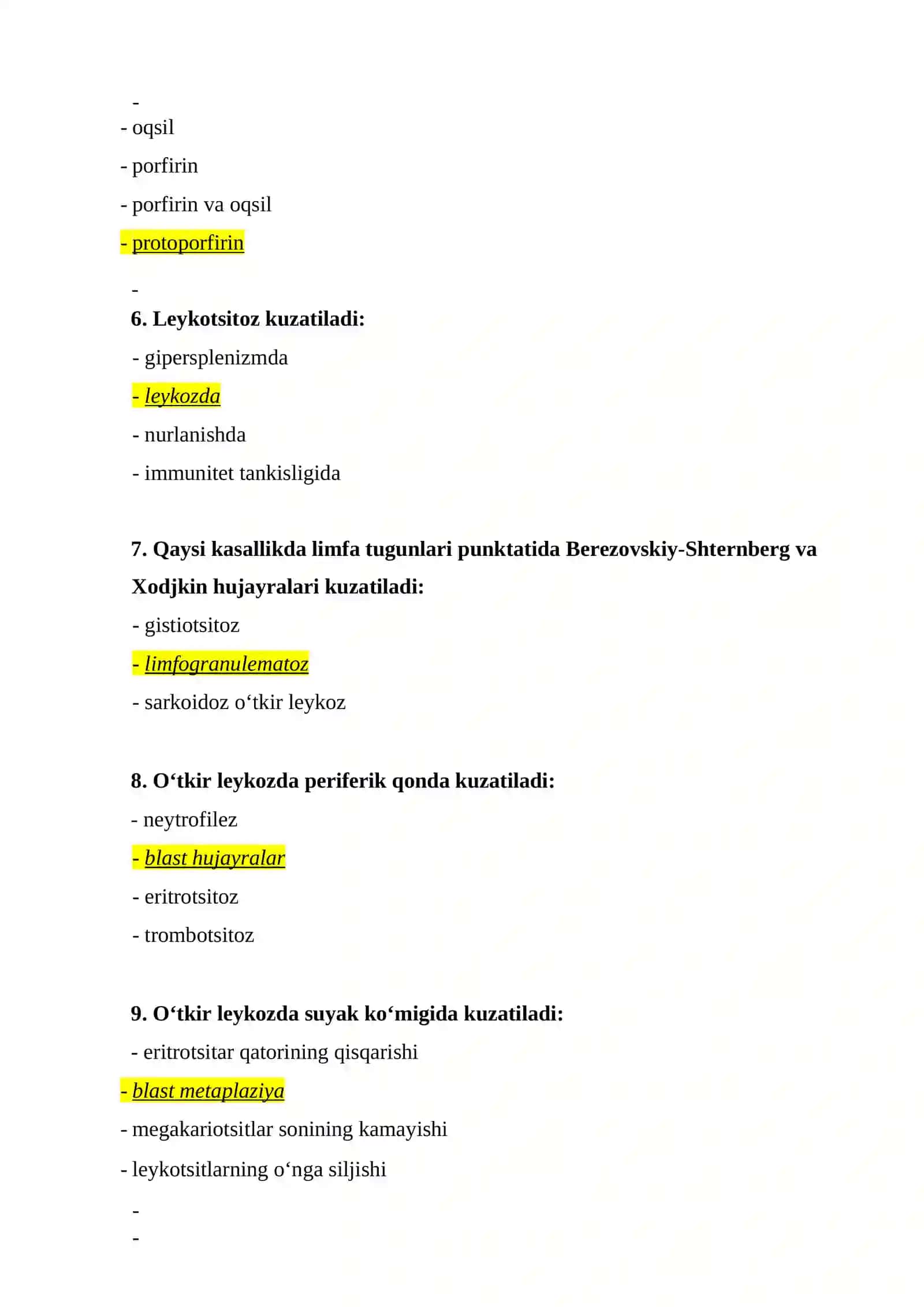 Klinik laboratoriya diagnostikasi mutaxasisiligi bo’yicha test savol javoblari bilan 2