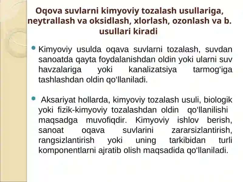 Oqova suvlarni kimyoviy va biologik tozalash usullari 2