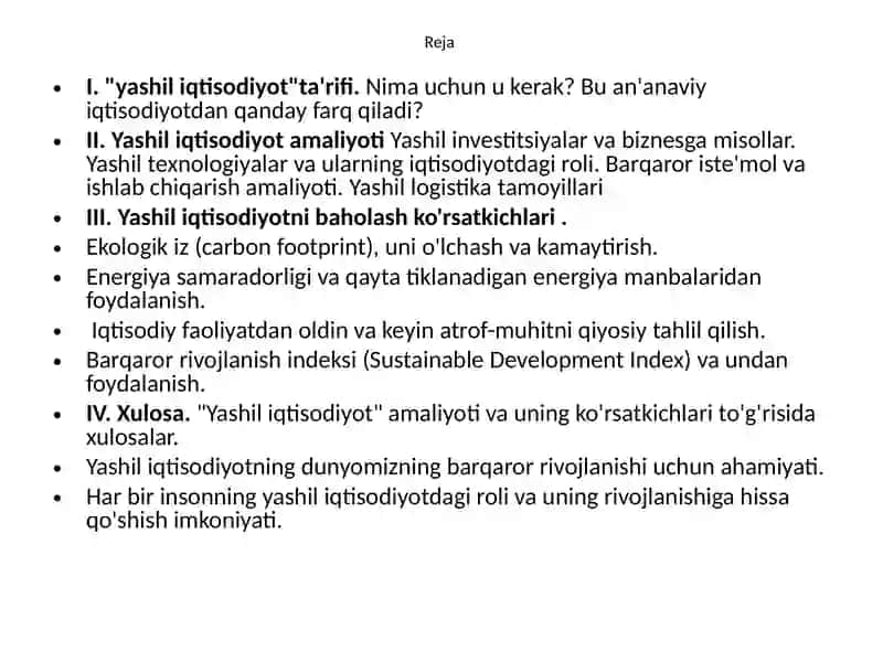 Yashil iqtisodiyotni baholash amaliyoti va ko'rsatkichlari 2