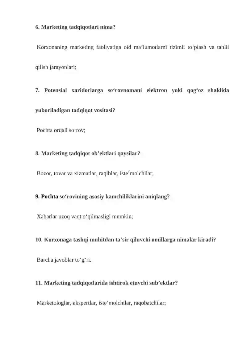Marketing tadqiqotlari 60 ta test Javobi bilan yakuniy oraliq 2