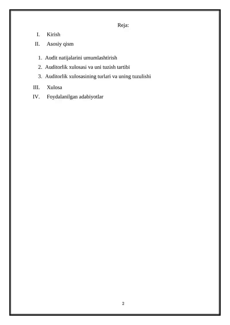 Reja: I.	Kirish II.	Asosiy qism	 2.1. Majburiy auditorlik tekshiruvi.  2.2. Tashabbus tarzidagi (ixtiyoriy) auditorlik tekshiruvi.  2.3. Nazorat qiluvchi yoki huquqni muhofaza qiluvchi organlar tashabbusiga ko‘ra audit o‘tkazish xususiyatlari.  2.4. Auditorlik tashkilotlarining professional xizmatlari  III.	Xulosa IV.	Foydalanilgan adabiyotlar 2