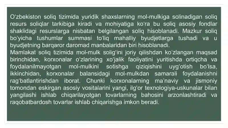 Yuridik shaxslardan olinadigan MOL-MULK SOLIG`I 2