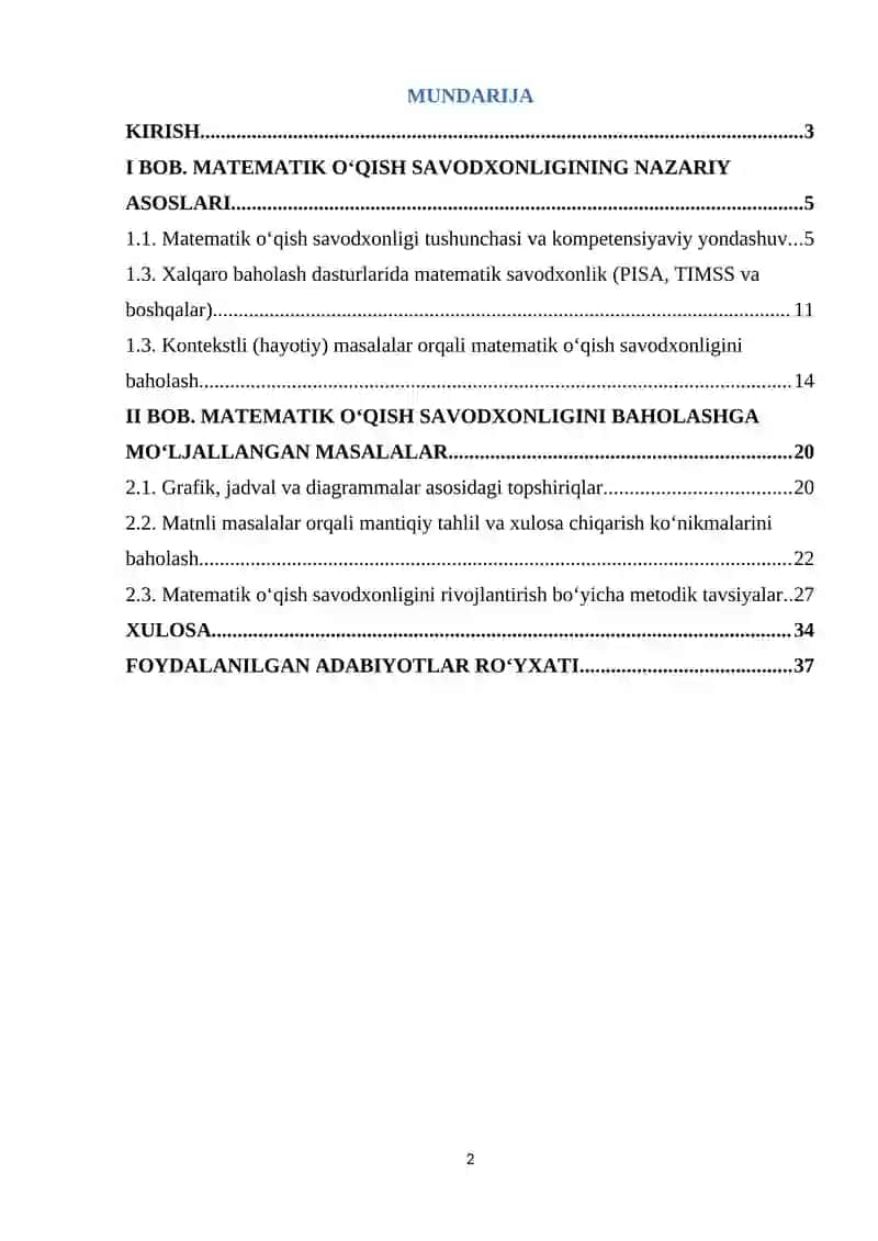 O’quvchilarning matematik o’qish savodxonligini baholashga mo’ljallangan masalalar 2