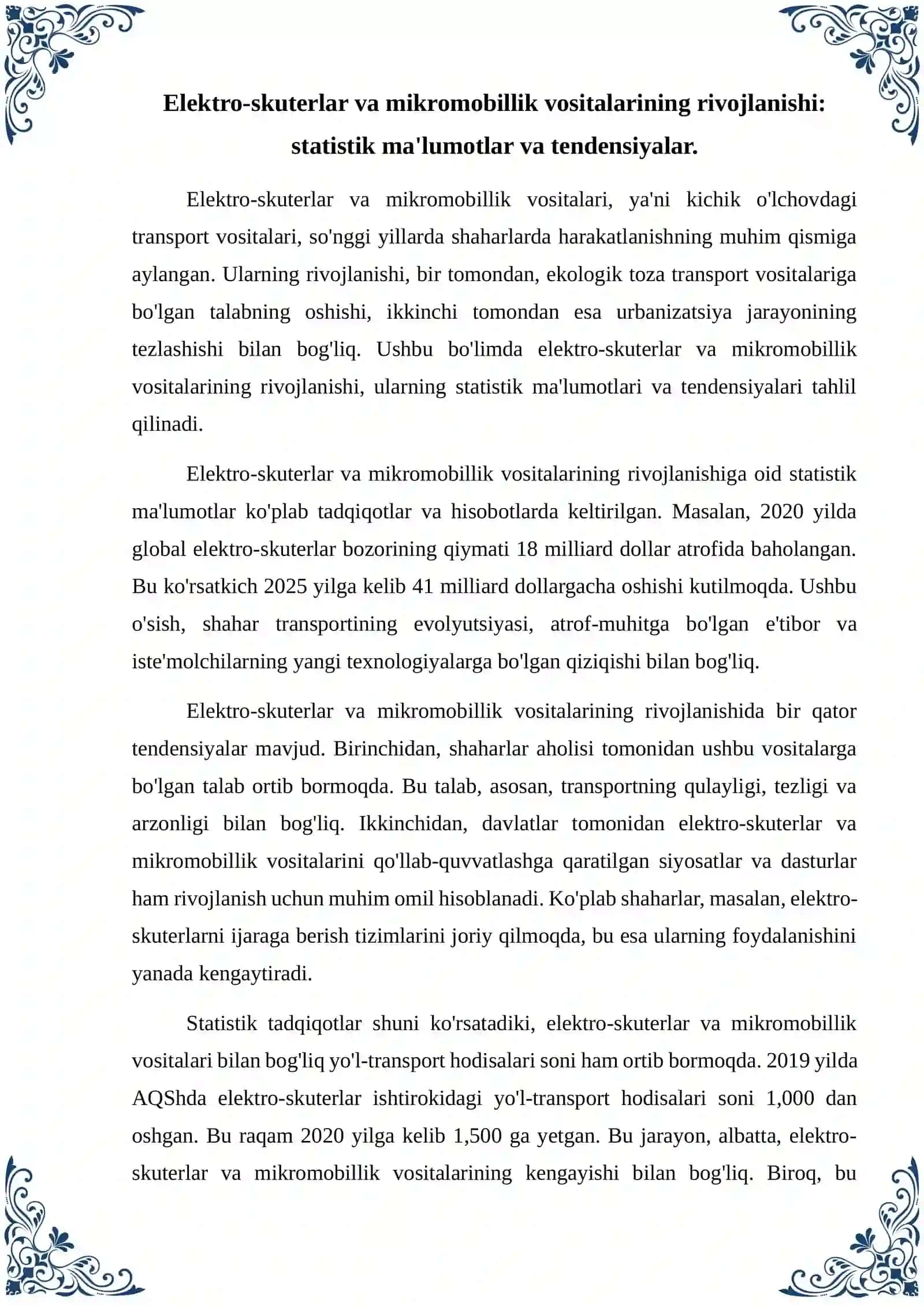 Elektro-skuterlar va mikromobillik vositalari ishtirokidagi YTHlarni statistik prognozlash. 2