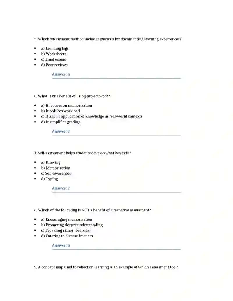 Alternative Assessment Methods - Multiple Choice Questions with Answers 2