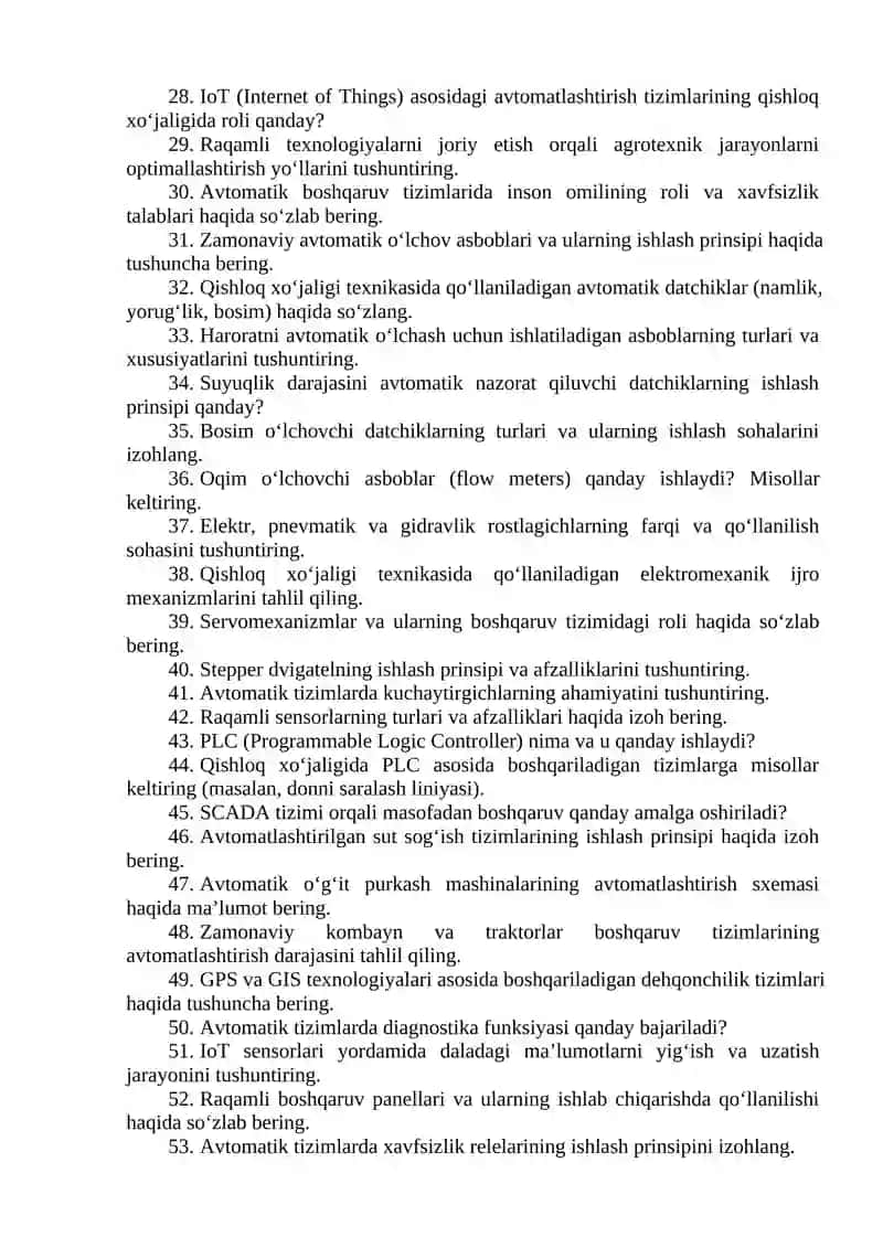"Avtomatik boshqariladigan zamonaviy asbob va jixozlarni ishlatish texnologiyasi" fanidan oraliq va yakuniy nazorat savollari 2