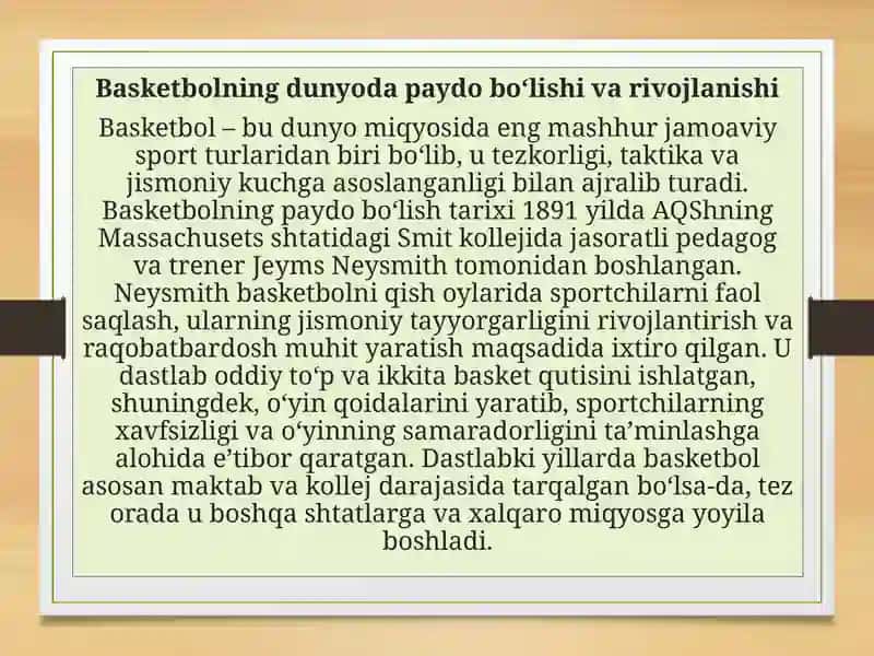 Basketbolning jahon tarixi va O‘zbekiston rivojlanishi 2