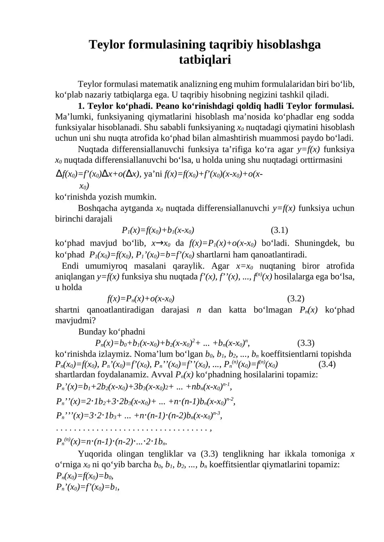 Matematik Analiz - Teylor formulasining taqribiy hisoblashga tatbiqlari 2