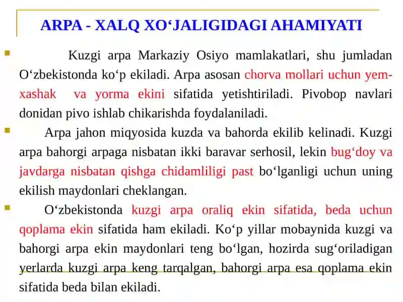 ARPABIOLOGIYASI VA YETISHTIRISH TEXNOLOGIYASI“O‘simlikshunoslik”fani 2