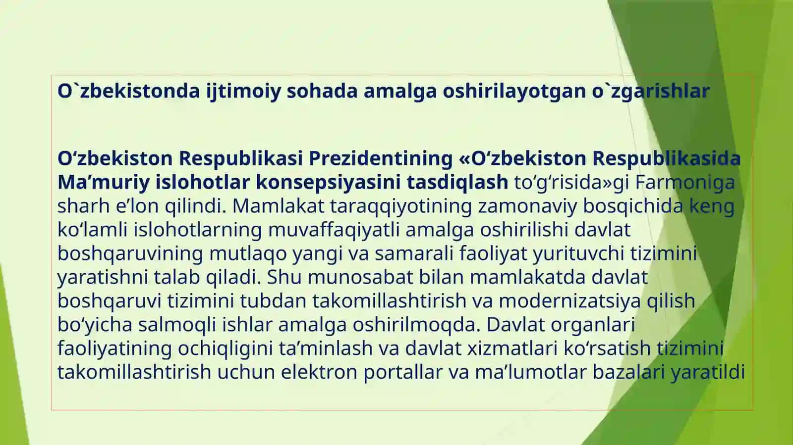 O`zbekistonda ijtimoiy sohada amalga oshirilayotgan o`zgarishlar 2