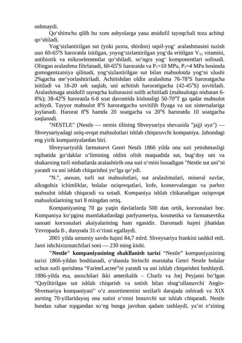 Bolalar Sut Mahsulotlari Texnologiyasi 2