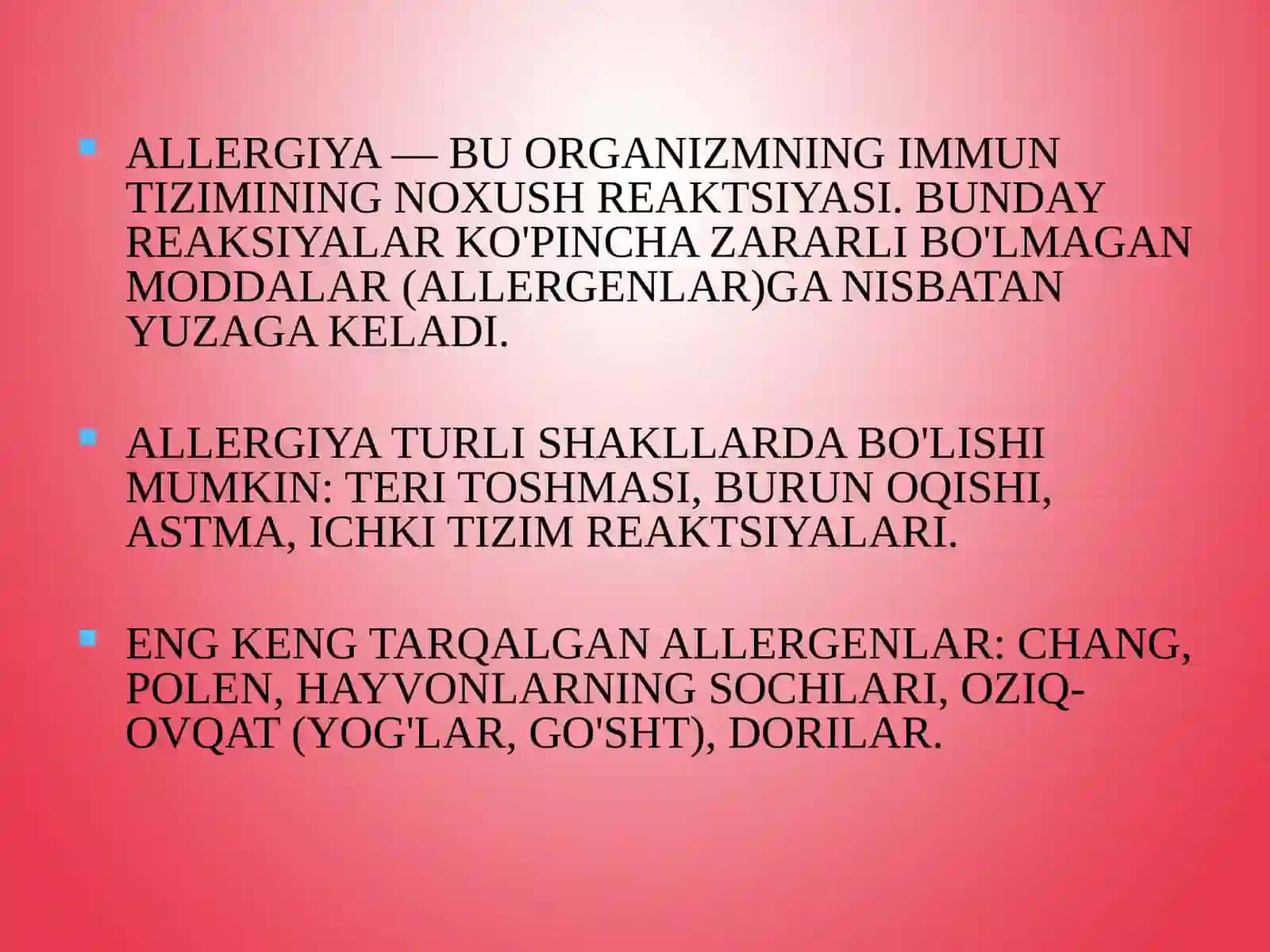 ALLERGIYAGA QARSHI.IMMUNODEPRESSANTLAR VA IMMUNOMODULYATORLAR.VITAMINLAR 2