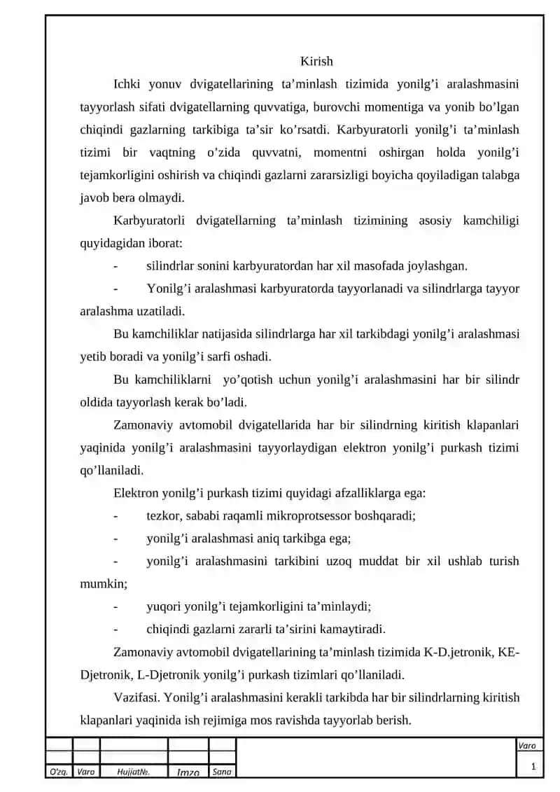 Zamonaviy avtomobillar karbyuratorli dvigatellarining ta'minlash tizimi 2