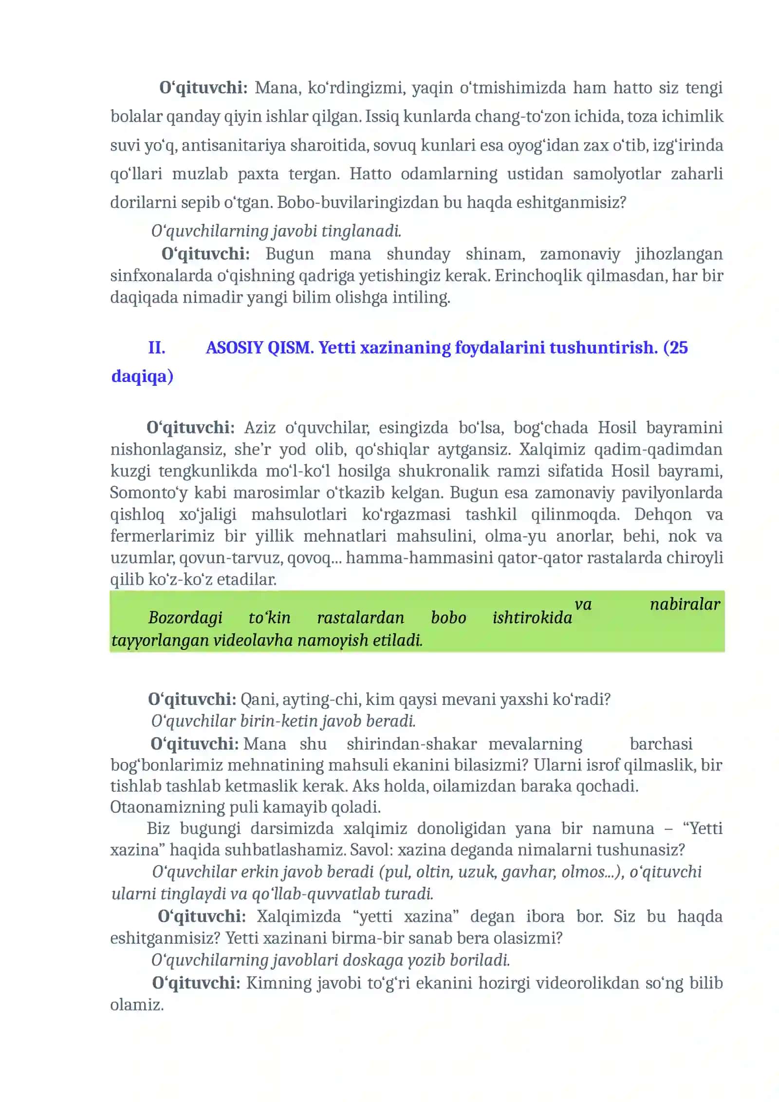 4-mavzu  HOSIL BAYRAMI. YETTI XAZINA     Dars ssenariysi 2