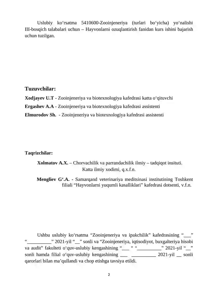 Uslubiy ko‘rsatma 5410600-Zooinjeneriya (turlari bo‘yicha) yo‘nalishi 2