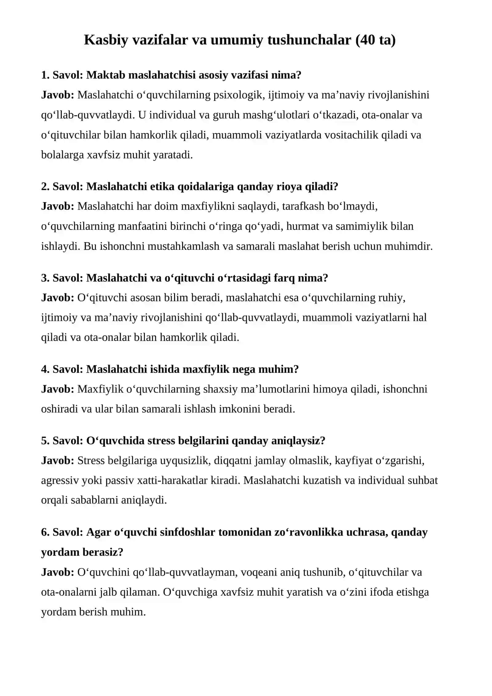 Maktab maslaxatchisi suhbat savollari va javoblari 2