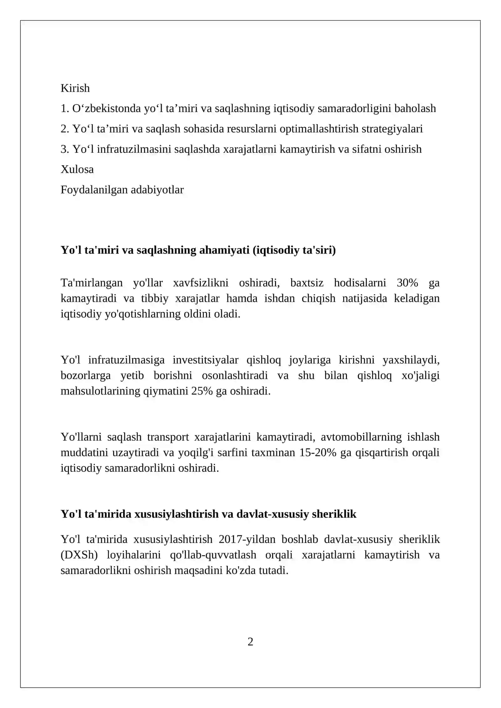 Avtomobil yoʻllari saqlash va tamirlashda iqtisodiy samaradorlig 2
