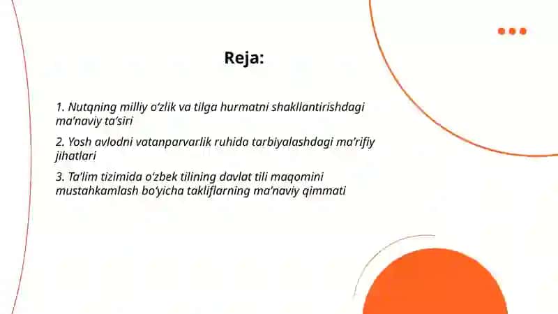 Prezident Sh.Mirziyoyevning Oʻzbek tiliga davlat tili maqomi berilganligining oʻttiz yilligiga bagʻishlangan tantanali marosimdagi nutqining maʼnaviy - maʼrifiy qimmati 2