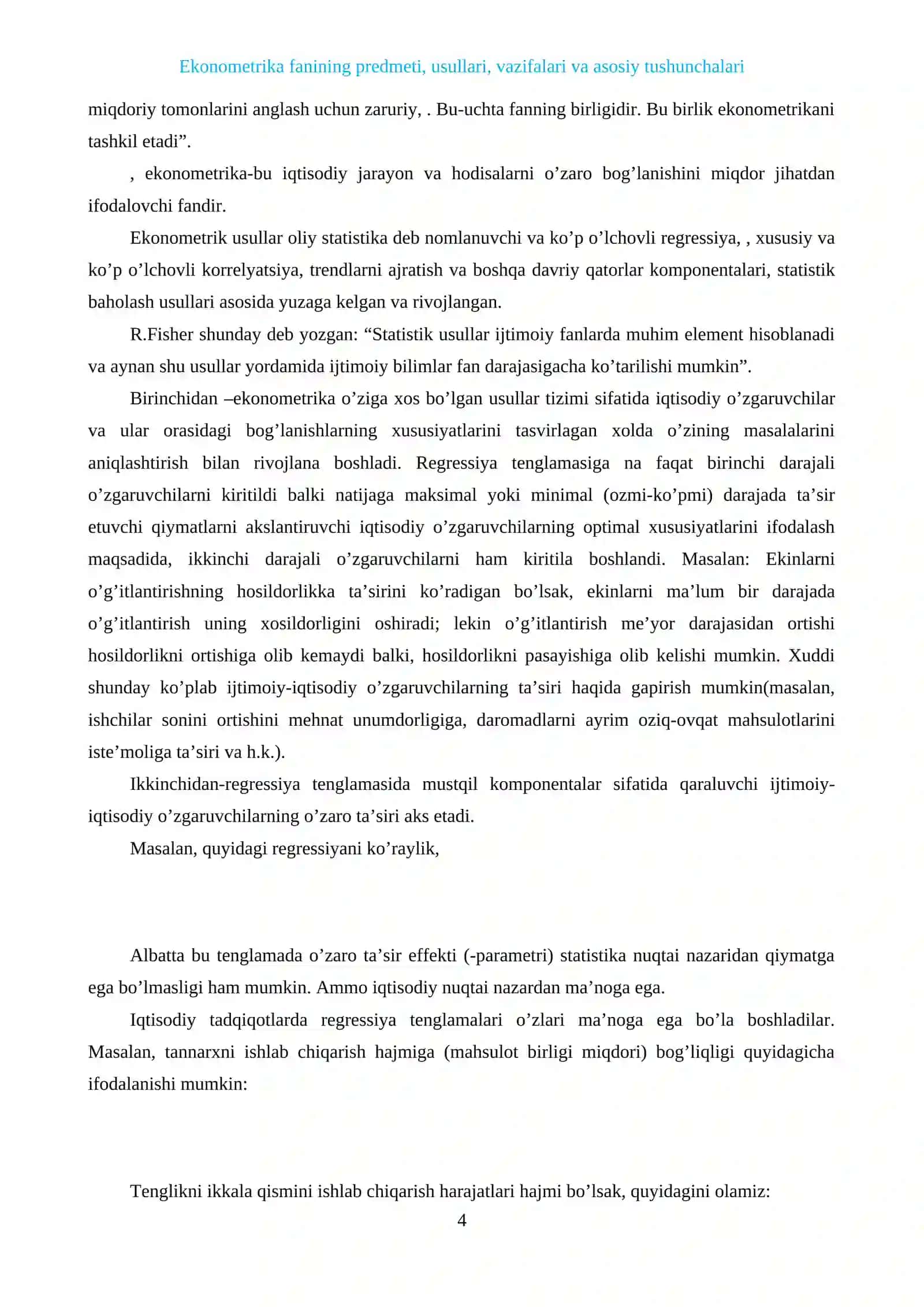 Ekonometrika fanining predmeti, usullari, vazifalari va asosiy tushunchalari 2