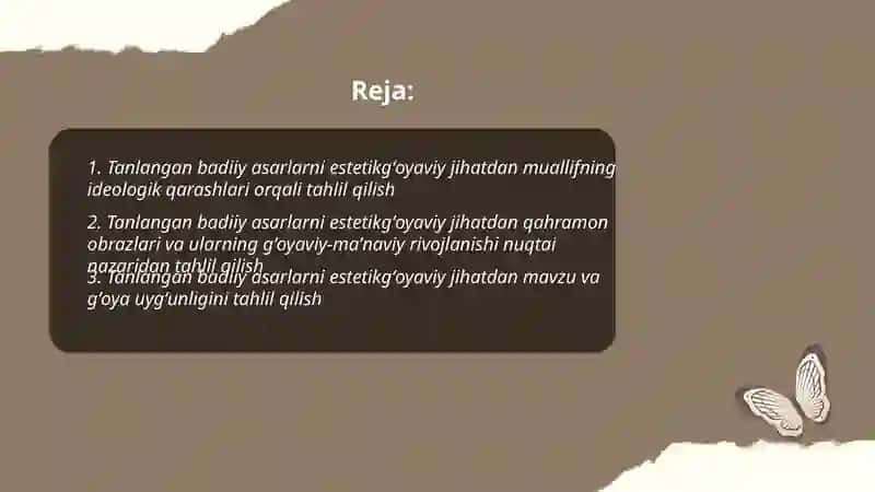 Tanlangan badiiy asarlarni estetikgʻoyaviy jihatdan tahlil qilish 2
