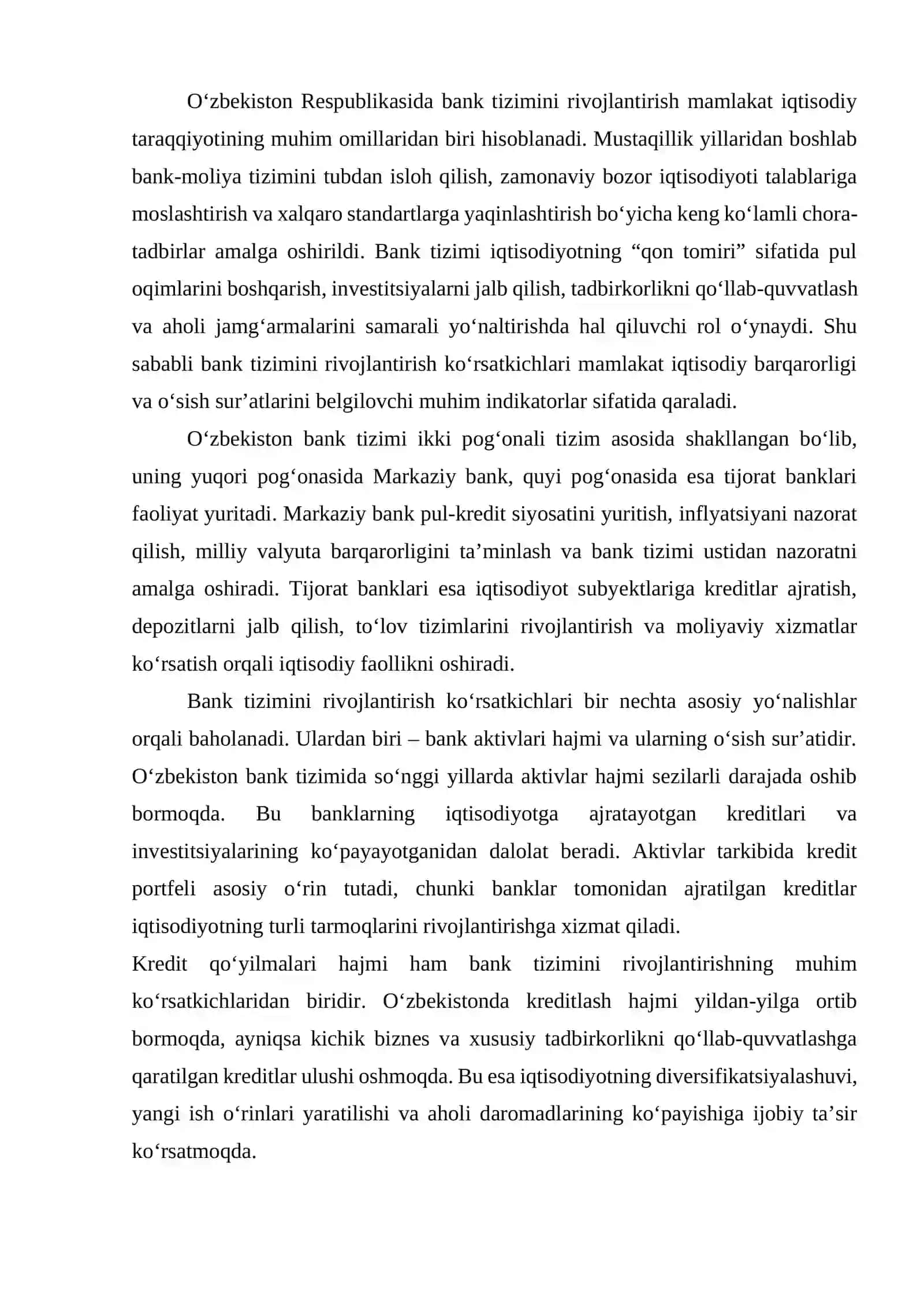 Ózbekistonda bank tizimini rivojlantirish kórsatkichlari 2