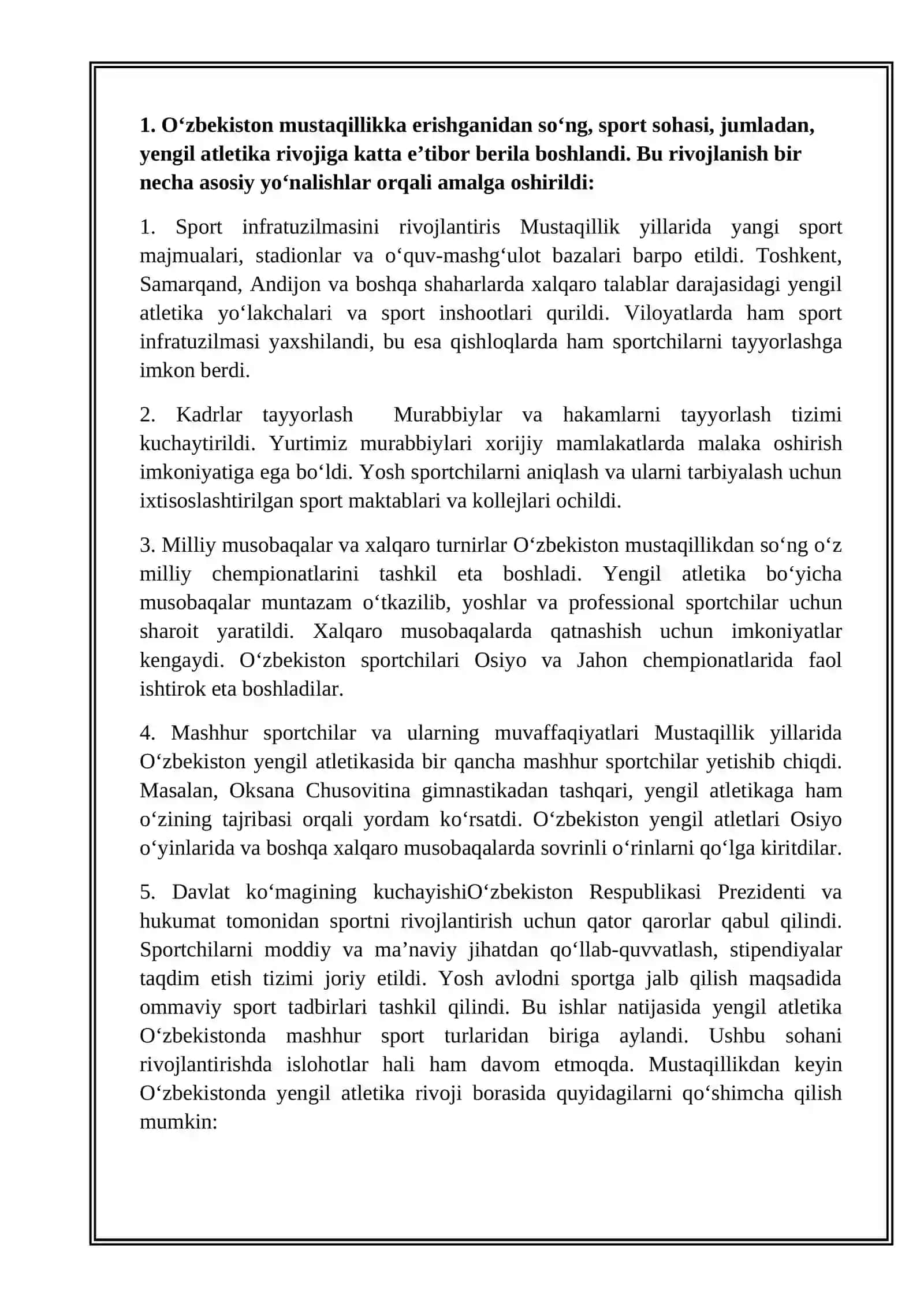 MUSTAQILLIK DAN KEYIN OʻZBEKISTONDA YENGIL ATLETIKA RIVOJLANTIRISHI 2