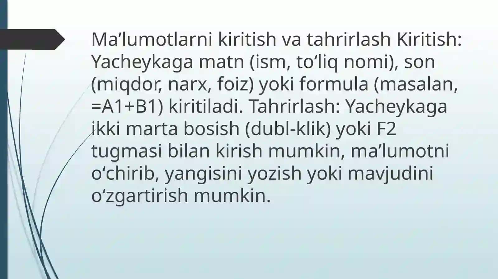 Ma'lumotlarni kiritish va tahrirlash. Excel dasturida avto to'ldirishlar va avtohisoblashlar, matematik va iqtisodiy masalalarni yechish 2