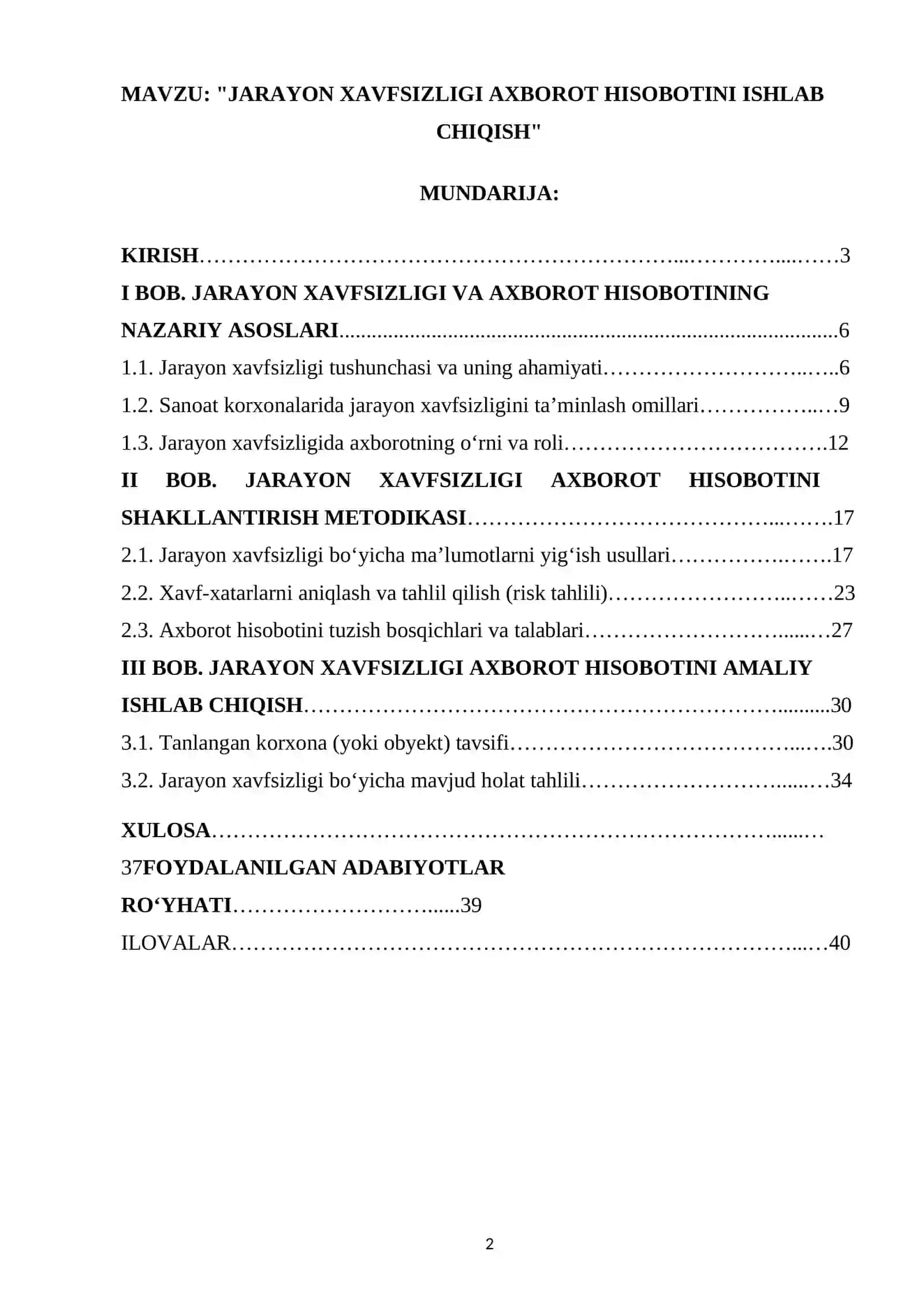 JARAYON XAVFSIZLIGI AXBOROT HISOBOTINI ISHLAB CHIQISH 2