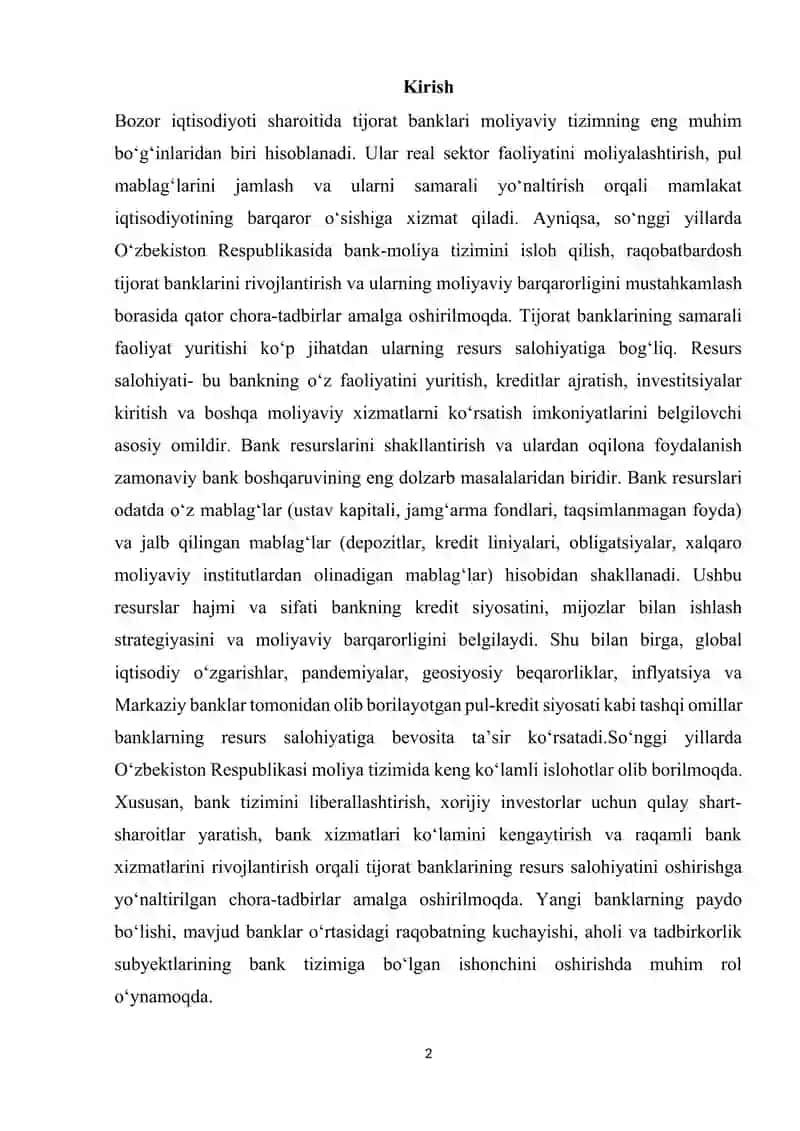 Tijorat banklarining resurs salohiyati va uni oshirish yo'llari 2