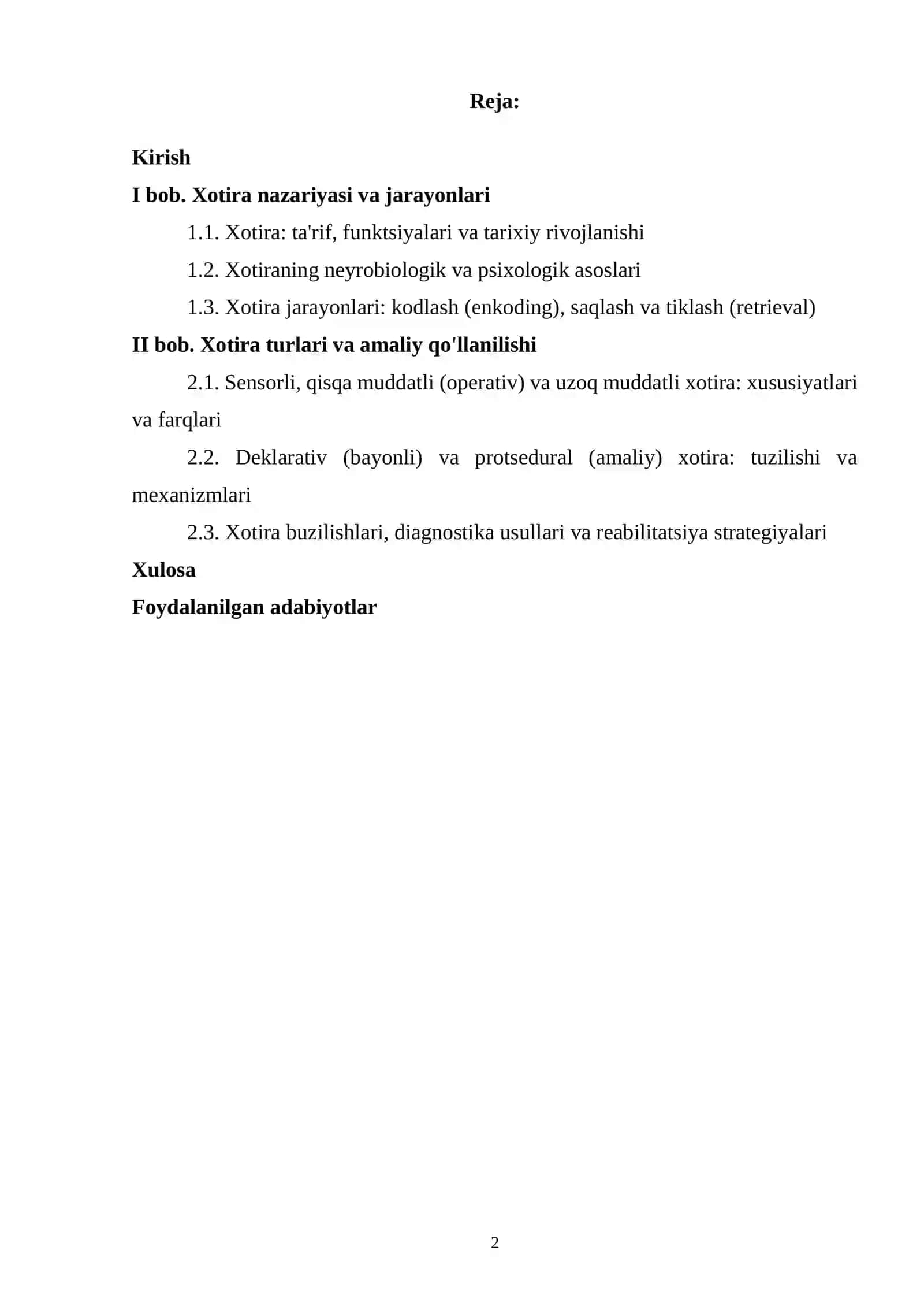 "XOTIRA JARAYONLARI VA TURLARI" MAVZUSIDAGI KURS ISHI 2