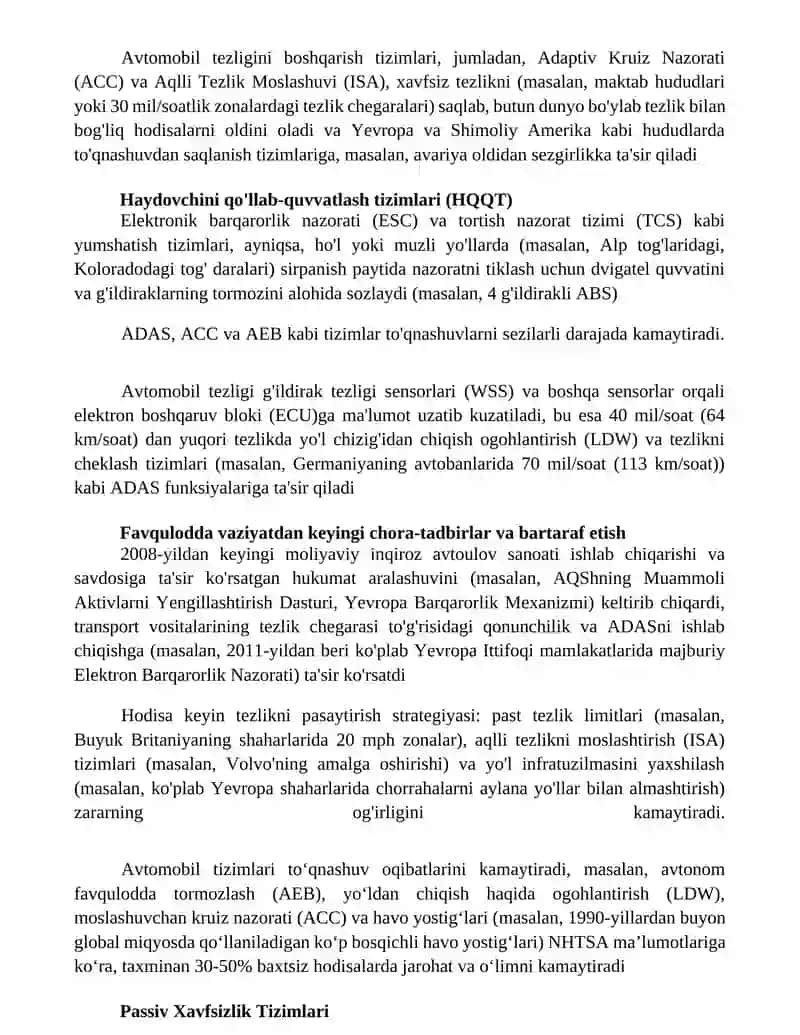 Avtomobil tezligi va uning oqibatlarini kamaytirishdagi tizimlar 2