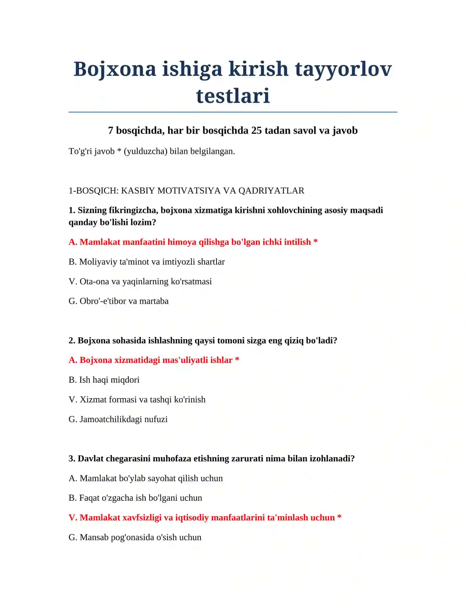 Bojxona ishiga kirish tayyorlov testlari 2