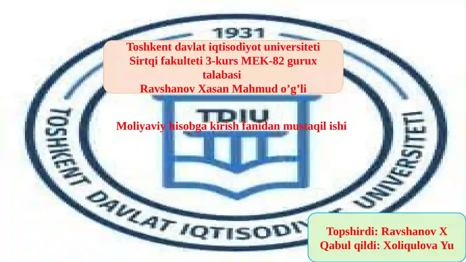 Moliyaviy hisobga kirish fanidan mustaqilishi 2