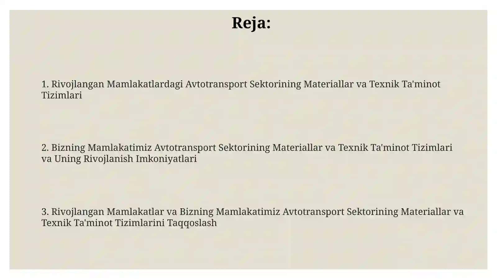 Rivojlangan Mamlakatlardagi Avtotransport Sektorining Materiallar va Texnik Ta'minot Tizimlari 2
