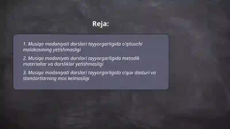 Musiqa madaniyati darslari otkazishga tayyorgarlik korish muammolari 2