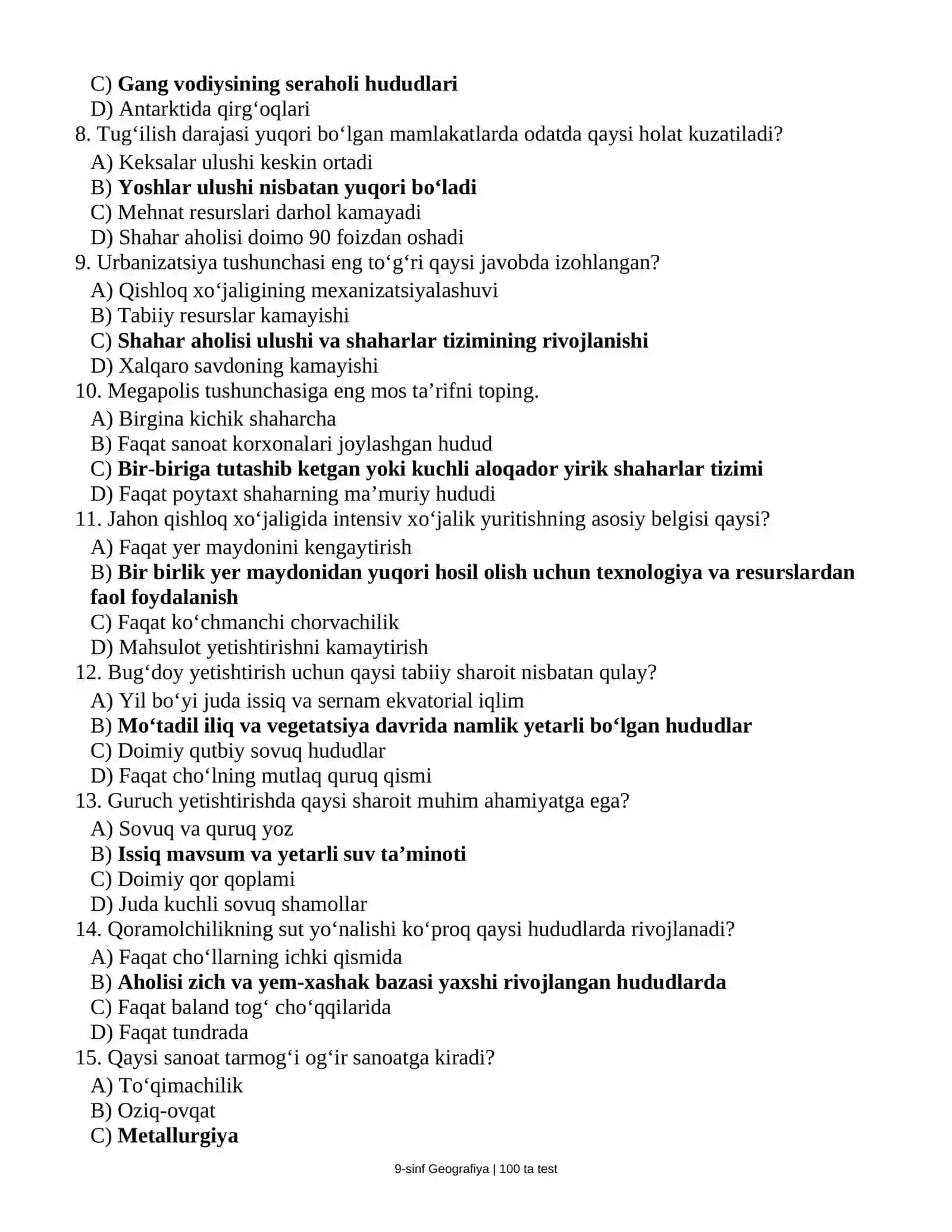9-SINF GEOGRAFIYA FANIDAN 100 TA YANGI TESTLAR BANKI 2