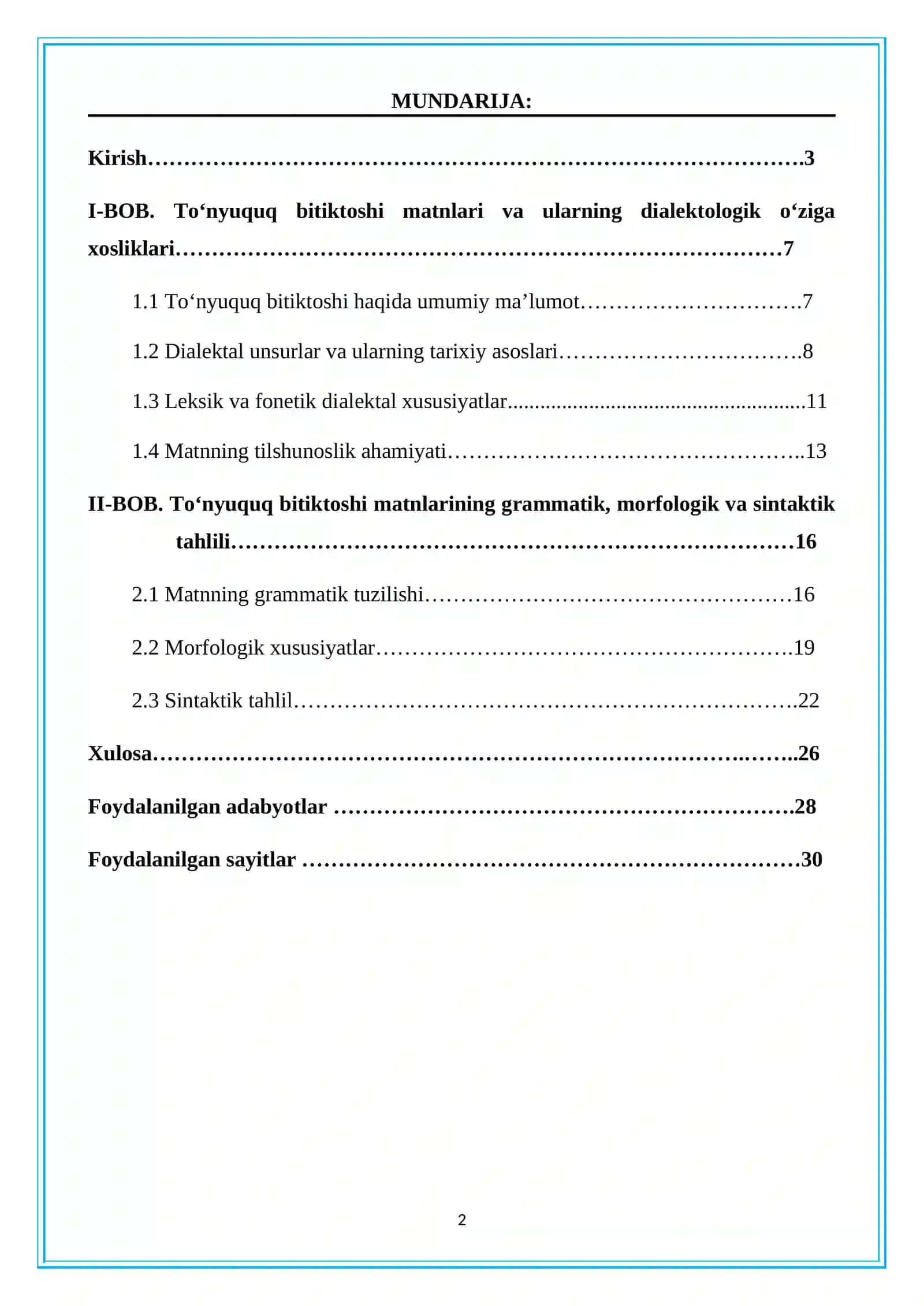 “  Toʻnyuquq bitiktoshi matnlarida dialektal unsurlar va ularning taraqqiyoti”  mavzusi bo‘yicha yozgan. 2