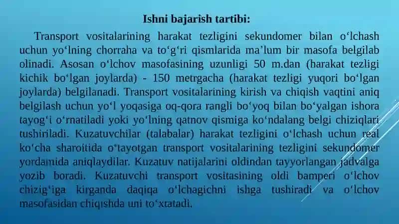 Amaliy mashg‘ulot - Shahar yo‘llari va ko‘chalarida harakat tezligini o‘lchash 2