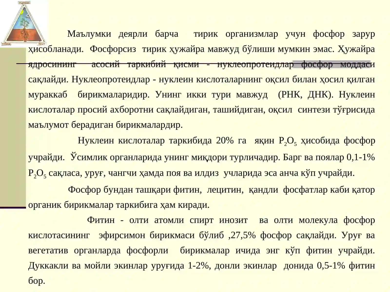 ФОСФОРЛИ ЎҒИТЛАР. ФОСФОРНИНГ ЎСИМЛИКЛАРНИНГ ОЗИҚЛАНИШИДАГИ АҲАМИЯТИ. ФОСФОРЛИ ЎҒИТЛАРНИ ОЛИНИШИ, ХОССАЛАРИ ВА ИШЛАТИЛИШИ 2