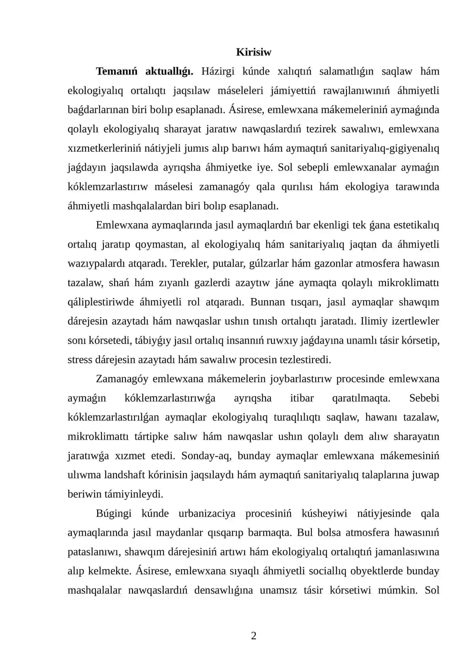 EMLEWXANALAR AYMAQLARIN KÓKLEMZARLASTIRIWDIŃ EKOLOGIYALIQ HÁM SANITARIYALIQ TIYKARLARI 2