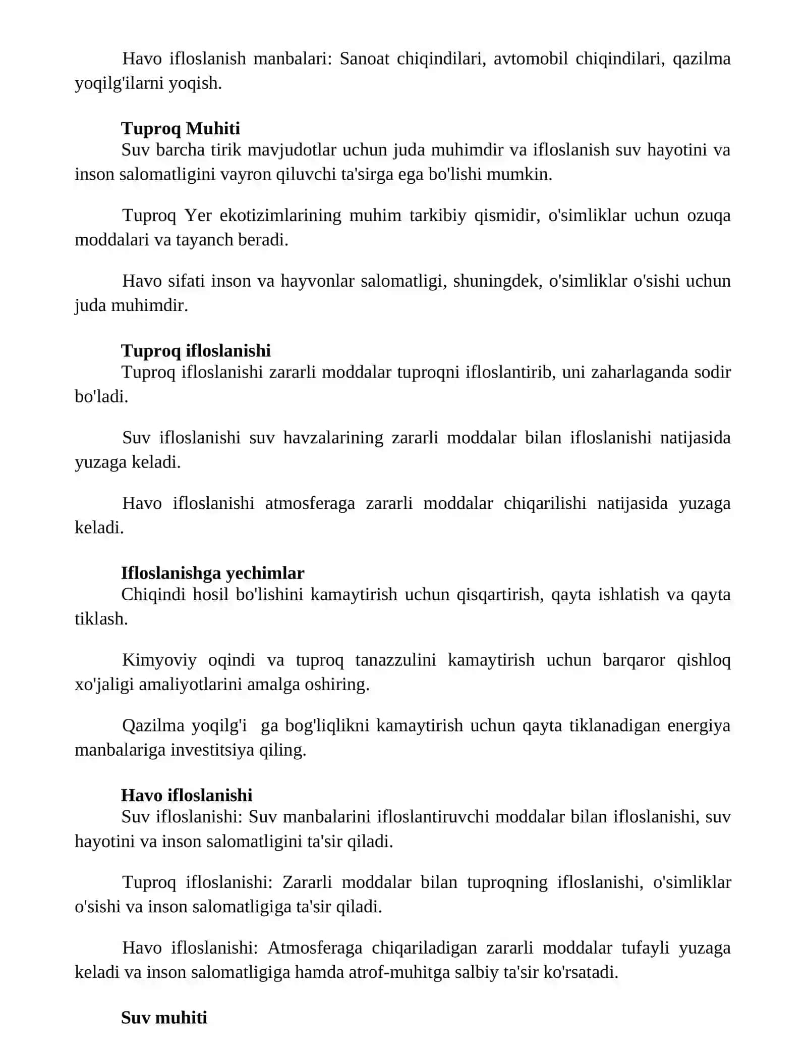 Havo, suv va tuproq muhitlari va uning ifloslanishi 2