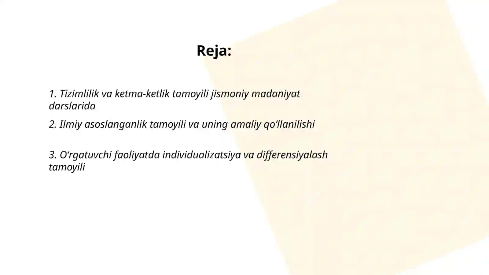 Jismoniy madaniyat taʼlimi jarayonining uslubiy tamoyillari. Harakatga oʻrgatish bosqichlari 2