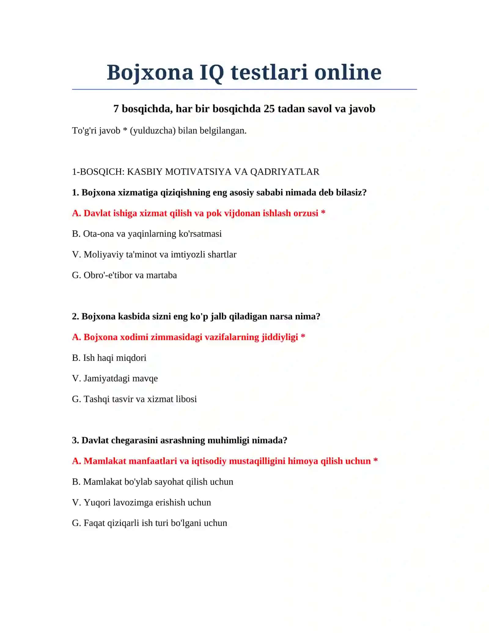 Bojxona IQ testlari online 2