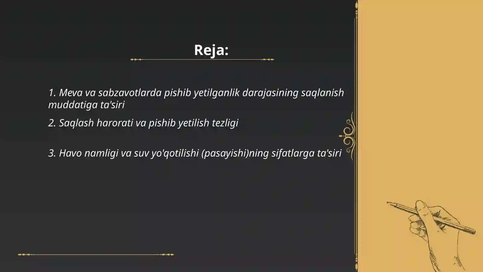 Mahsulotlarni pıshıb yetılganlık darajasını saqlash mudatını va sıfatını tasırını örganısh 2