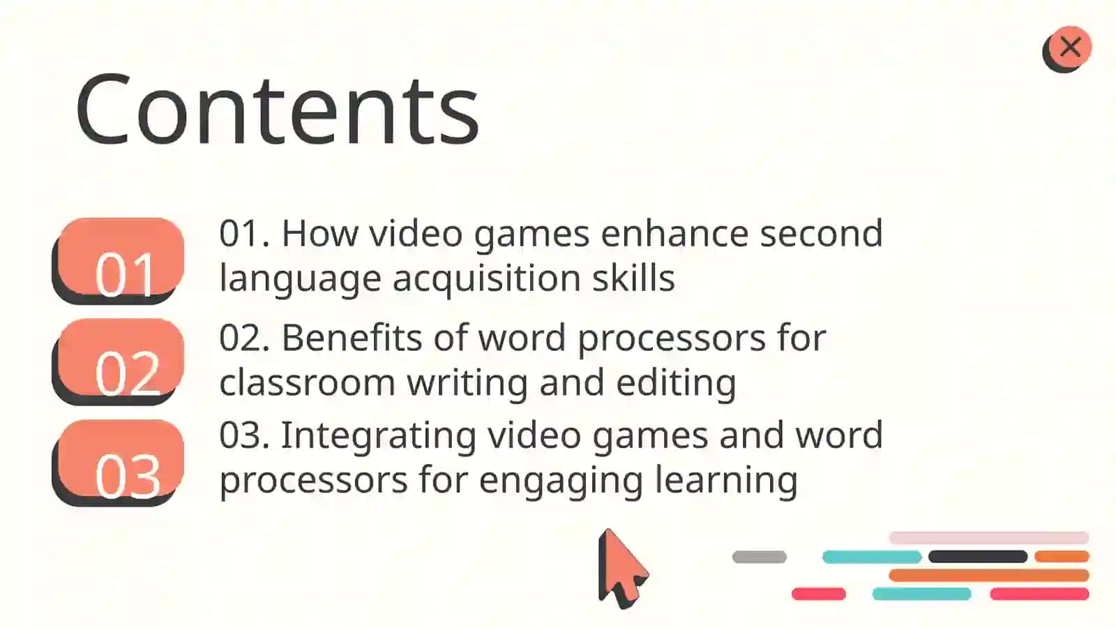 Effectiveness of learning a second language through video games. Word processors in the classroom: Why use word processors? 2