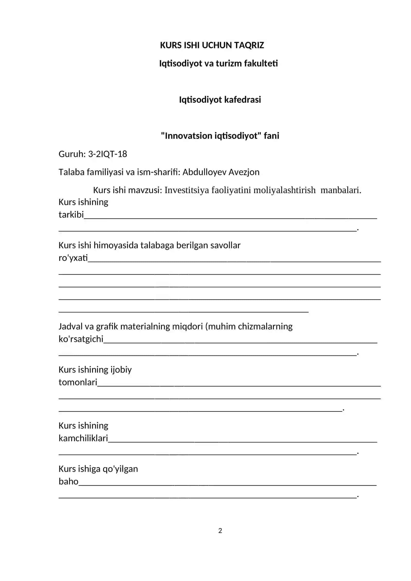 Investitsiya faoliyatini moliyalashtirish manbalari kursi 2