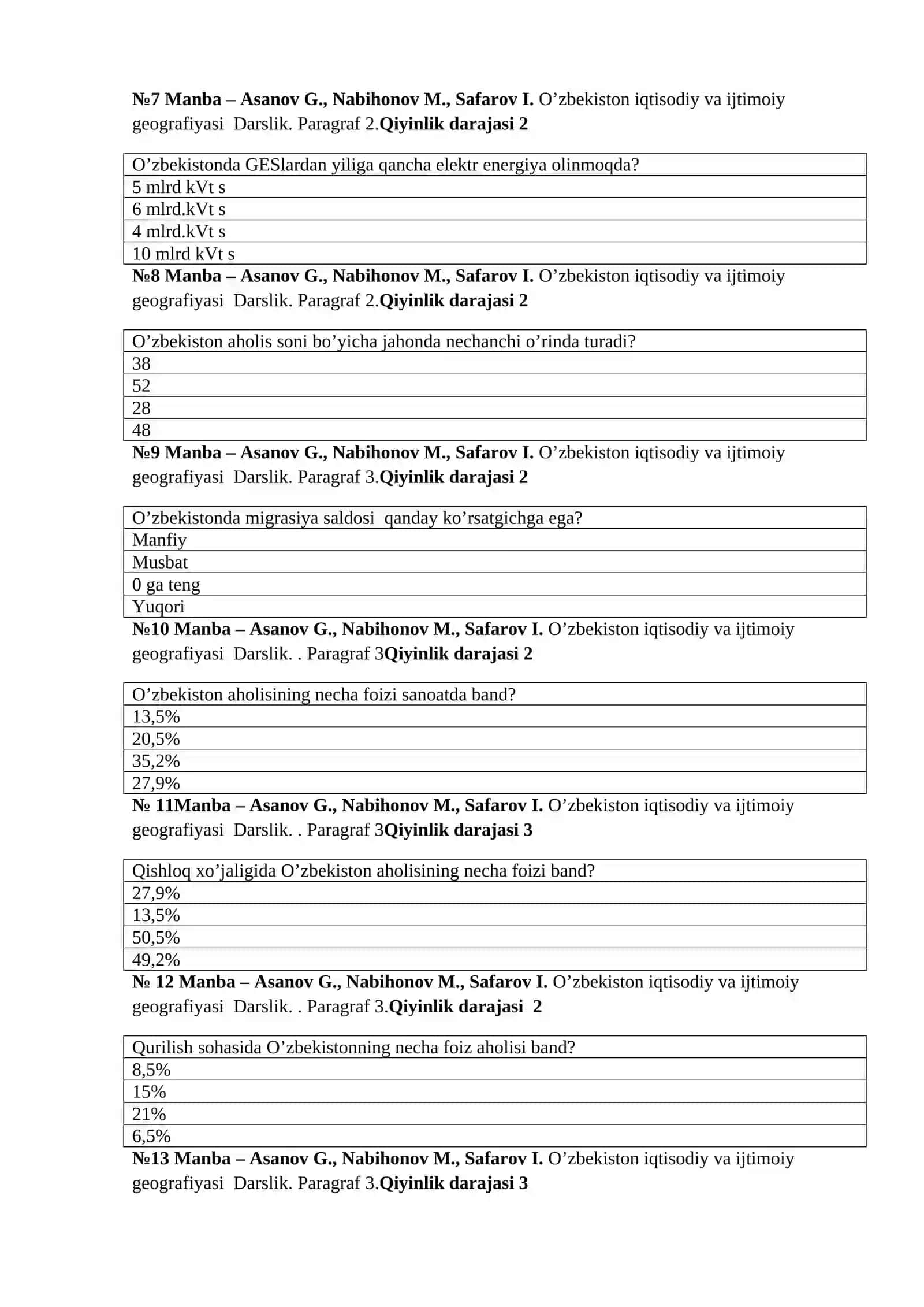 O’zbekiston iqtisodiy va ijtimoiy geografiyasi fanidan testlar 2