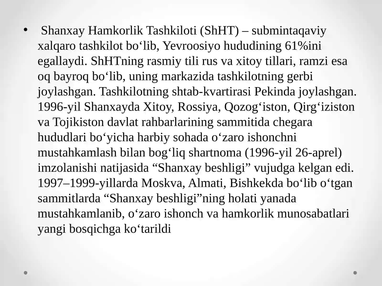 O‘zbekistonning Shanxay Hamkorlik Tashkiloti bilan aloqalari 2